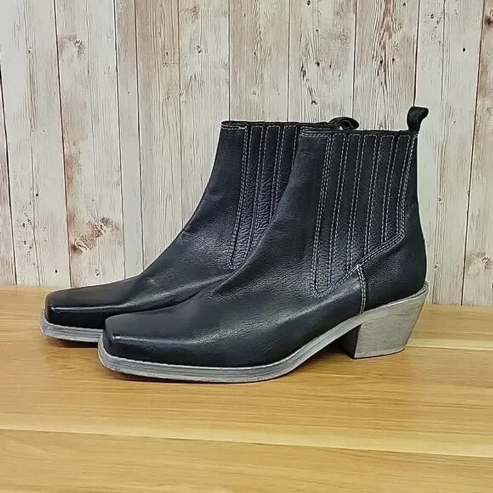 Free People Landry Black Leather Square Toe Western Ankle Boots 41 US 11 NEW - Picture 2 of 7